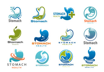 Stomach medical icons. Digestion health care, digestive tract or gastrointestinal system organ vector symbols of gastroenterology medicine. Stomach and gut silhouettes with intestinal gas bubbles