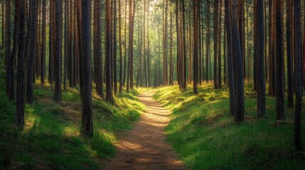  Dense pine forest with a narrow path winding through the trees, leading to a hidden clearing