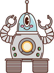 Poster - Cartoon robot retro groovy character or alien space robotic bot on wheels, vector android machine. Groovy retro cartoon robot of funky cyborg droid on wheels with funny cute smile and mechanical arms