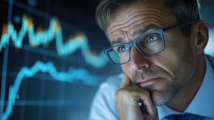 Poster - A man in glasses looking at a graph on the wall, AI