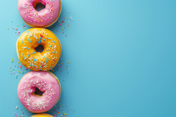 Wall Mural - Colorful fresh donuts stacked together on blue background