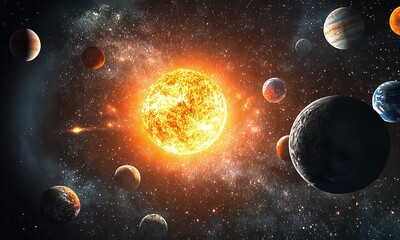 Sticker - Solar system planets orbiting around the sun in space with ai generated.
