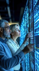 a diverse team collaborates on data analysis in a high-tech environment, focused on screens displayi