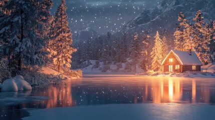 wonderland with snow-covered trees, a frozen lake, and a cozy cabin emitting warm light