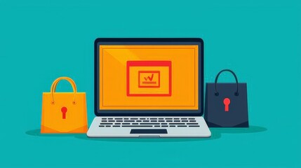 Wall Mural - Illustration of e-commerce security featuring a laptop with a secure payment symbol on the screen, flanked by shopping bags on a teal background, symbolizing online shopping and digital protection.