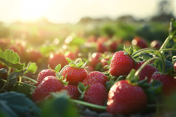 Wall Mural - A field of red strawberries with the sun shining on them