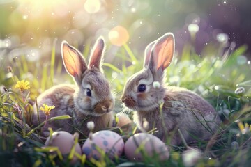 Poster - Two rabbits relaxing together in a green meadow