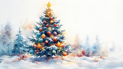 Wall Mural - whimsical watercolor illustration of a christmas tree adorned with colorful ornaments and twinkling lights set against a crisp white background for a festive and artistic holiday scene