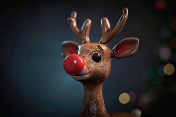 Wall Mural - A close-up shot of a reindeer with a distinctive red nose, suitable for winter-themed illustrations or holiday decorations