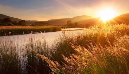 Wall Mural - serene landscape of reed meadow by river at sunset picturesque scene capturing tranquil beauty of nature with golden sunlight reflecting on water perfect for backgrounds depicting environments