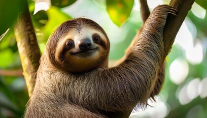 portrait of sloth on tree in jungle