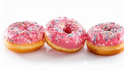 Wall Mural - three donuts with pink icing and sprinkles isolated on white background