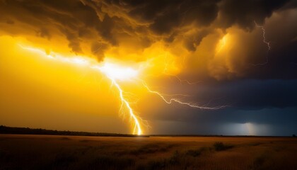 Wall Mural - bright yellow lightning bolt in a stormy sky