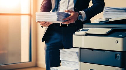 A businessman in a corporate office environment uses a multifunction laser printer to print important documents. The image highlights the use of ink or toner supplies in a professional setting 