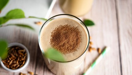 healthy protein smoothie with roasted multi grain powder as misutgaru latte drink