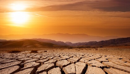 Wall Mural - cracked desert ground and rocky landscape at sunset generative ai