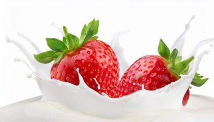 fresh strawberries splashing into creamy milk or yoghurt cut out