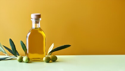 Wall Mural - commercial photography glass bottle of olive oil with olive branch isolated on flat color wall background with copy space