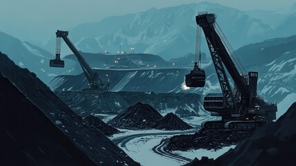 Heavy machinery operates at a coal mining site, altering the natural landscape amid a dusky sky