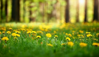 beautiful wide format image of a pristine forest lawn with fresh grass and yellow dandelions against a defocused background generative ai