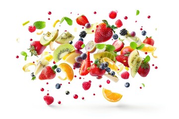 Fresh fruit falls through the air, a chaotic and colorful scene