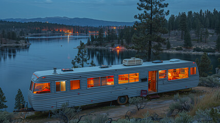 Wall Mural - Cozy Trailer Overlooking Serene Lakeside at Dusk..