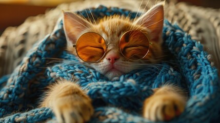 Canvas Print - Cute Kitten Sleeping with Sunglasses