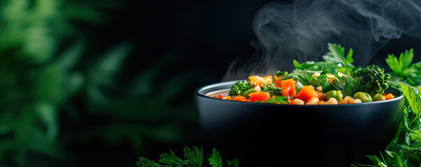 Canvas Print - A bowl of food with a lot of vegetables and a lot of steam coming out of it