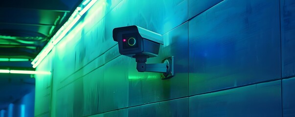 A Security Camera Mounted on a Blue Wall with Green Lighting