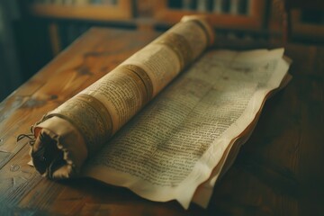 Wall Mural - A worn leather-bound book rests on a rustic wooden table, perfect for decoration or educational use