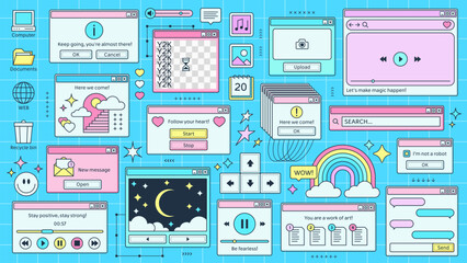 Fototapete - Y2K windows and retro browser pages of PC computer screen, cartoon vector background. Retro 90s Y2K computer interface windows of browser tab, loading or search bar and music player and folder icons