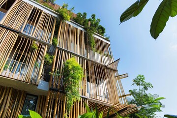 A contemporary building showcases bamboo architecture adorned with various plants and trees under a clear blue sky. Generative AI