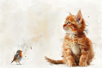 Canvas Print - Kitten and Robin Watercolor Painting