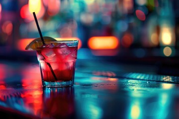 Sticker - A refreshing drink served with a lemon wedge on a modern bar countertop