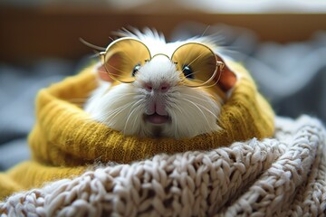 Canvas Print - Cute Guinea Pig in Sunglasses and a Yellow Sweater