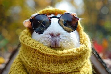 Poster - Cute Guinea Pig Wearing Sunglasses and a Yellow Scarf