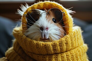 Wall Mural - Cute Guinea Pig Wearing Sunglasses and a Yellow Knitted Sweater