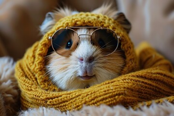 Wall Mural - Cute Guinea Pig Wearing Sunglasses and a Yellow Scarf