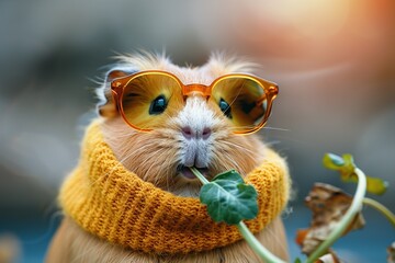 Wall Mural - A cute guinea pig with sunglasses and a yellow scarf, looking stylish