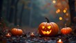 © Rax Qiu - A glowing jack-o'-lantern in a dark forest, surrounded by candles and autumn leaves