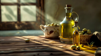 Wall Mural - A beautiful arrangement of olive oil bottles and a bowl of olives. This charming still life captures a rustic kitchen style. Perfect for culinary themes or healthy lifestyle. AI