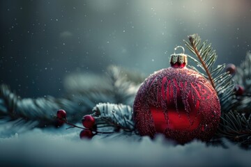 Wall Mural - A red ornament sits atop a snow-covered tree branch