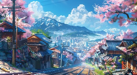 A scenic landscape featuring cherry blossoms, mountains, and a tranquil town along railway tracks.