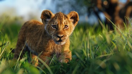 Wall Mural - A young lion cub strolling through a dense and vibrant grassy area