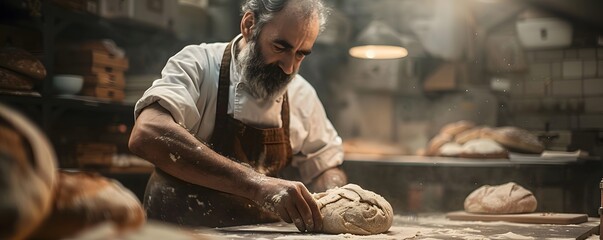 Wall Mural - Elderly Baker Shapes a Loaf of Bread in a Floury Kitchen