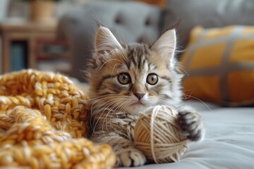 Canvas Print - Adorable Kitten Playing with Yarn Ball