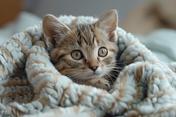 Wall Mural - Cute Kitten Under Blanket