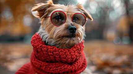 Poster - Yorkshire Terrier Dog Wearing Red Sunglasses and Scarf