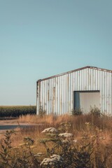 Canvas Print - A large farmhouse situated in the middle of an open field, surrounded by nature