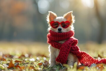 Wall Mural - Cute Dog Wearing Red Sunglasses and Scarf